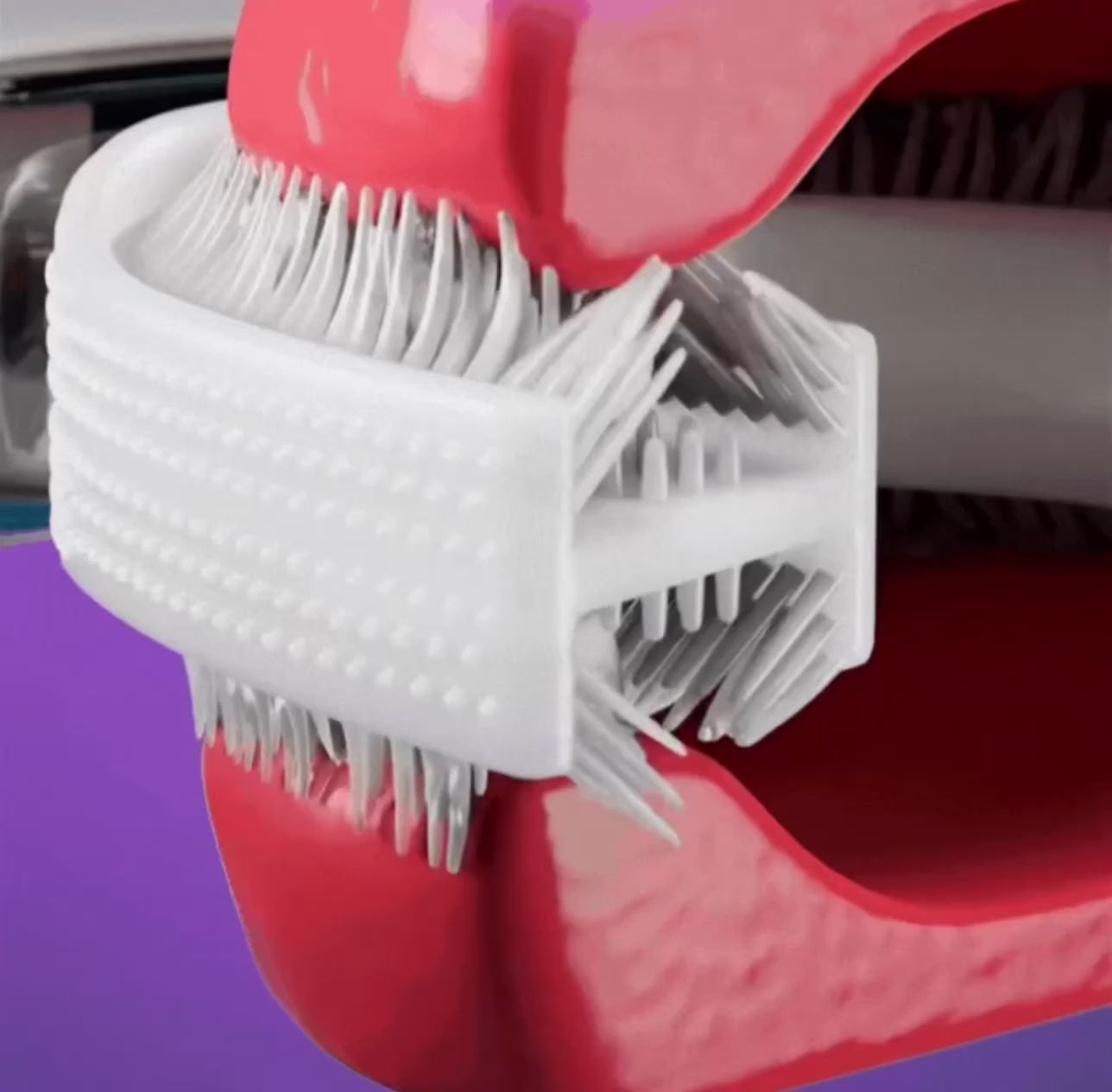 Charger la vidéo : <p>Grâce à sa forme 360° en silicone, la brosse à dents nettoie chaque recoin, même entre les dents, en un seul geste.</p><p>Les poils souples épousent parfaitement la dentition de ton enfant pour un brossage complet, rapide et sans stress.</p>